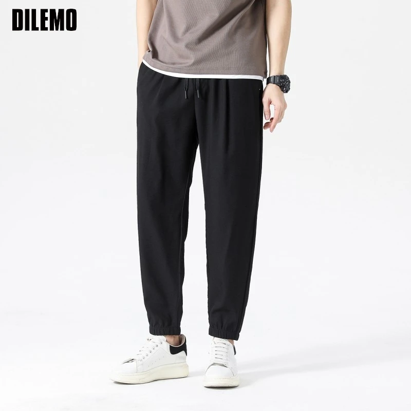 Pantalones para correr de seda de hielo de alta calidad para hombre, pantalón informal, a la moda, con tiras, holgados, de talla grande, para correr, ropa para hombre