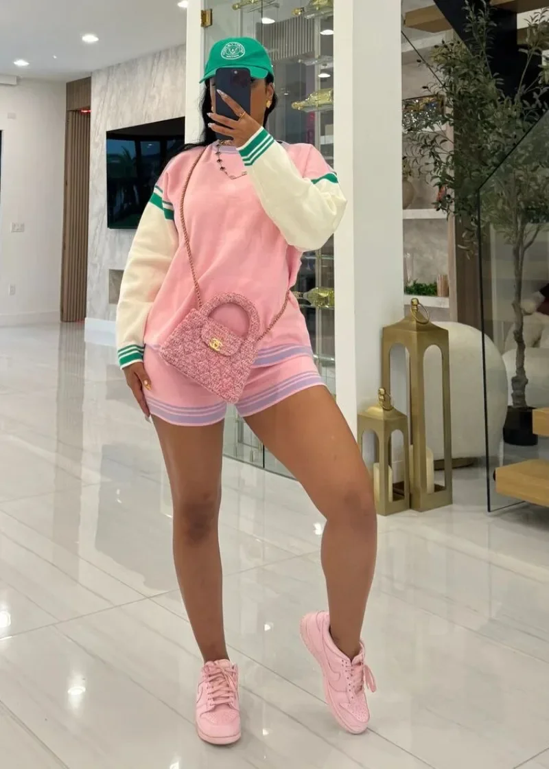 

2025 Fall Winter Color Patchwork Knitted 2 Piece Set Women Tracksuits O Neck Long Sleeve Pullover Sweater Tops + Shorts Suits
