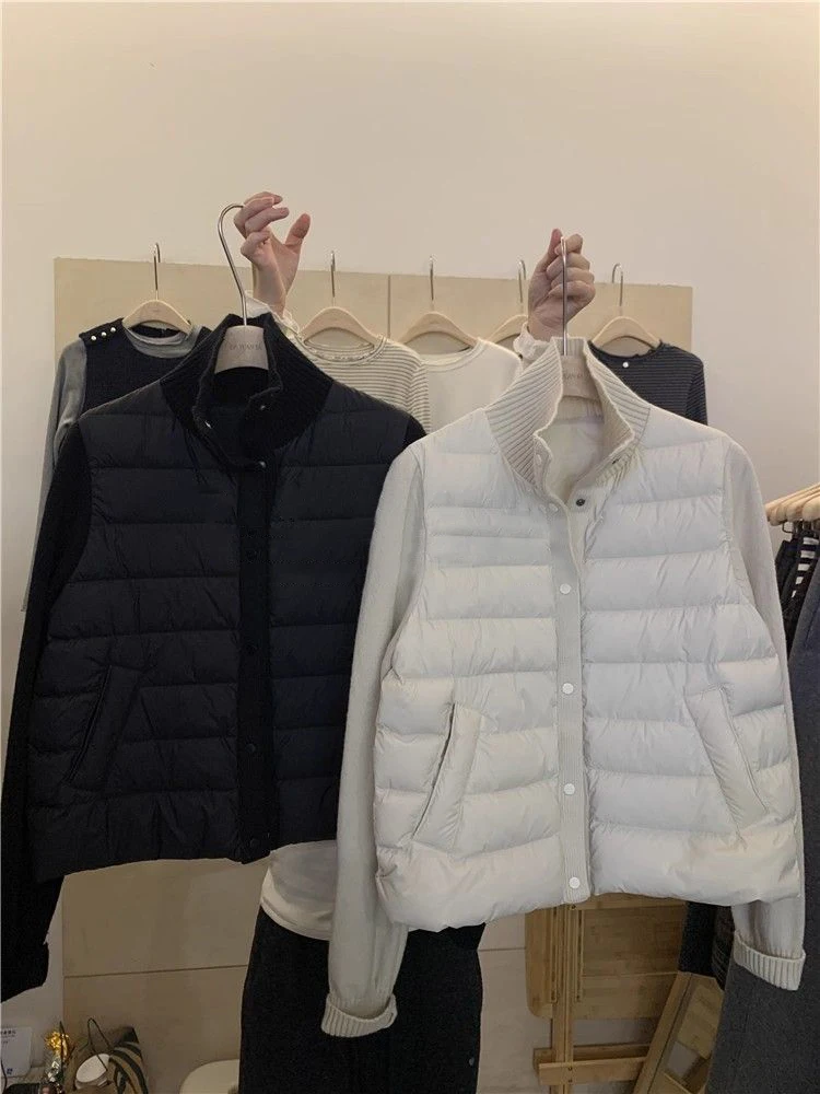 

Casual Knitted Sve Stand Collar Patchwork Cotton Jaet Women's Faionable Autumn Winter Leisure Match All Cotton Coat