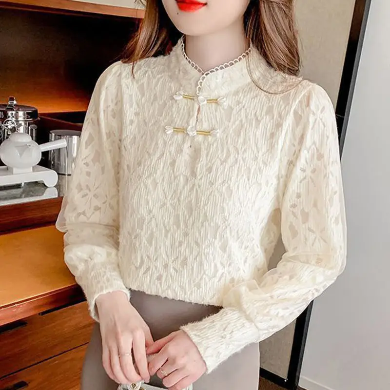 

Temperament Sping Autumn New Shirts Women O-Neck Solid Lace Button Fashion Long Sleeve Plus Velvet Slim Pullovers Bottoming Tops