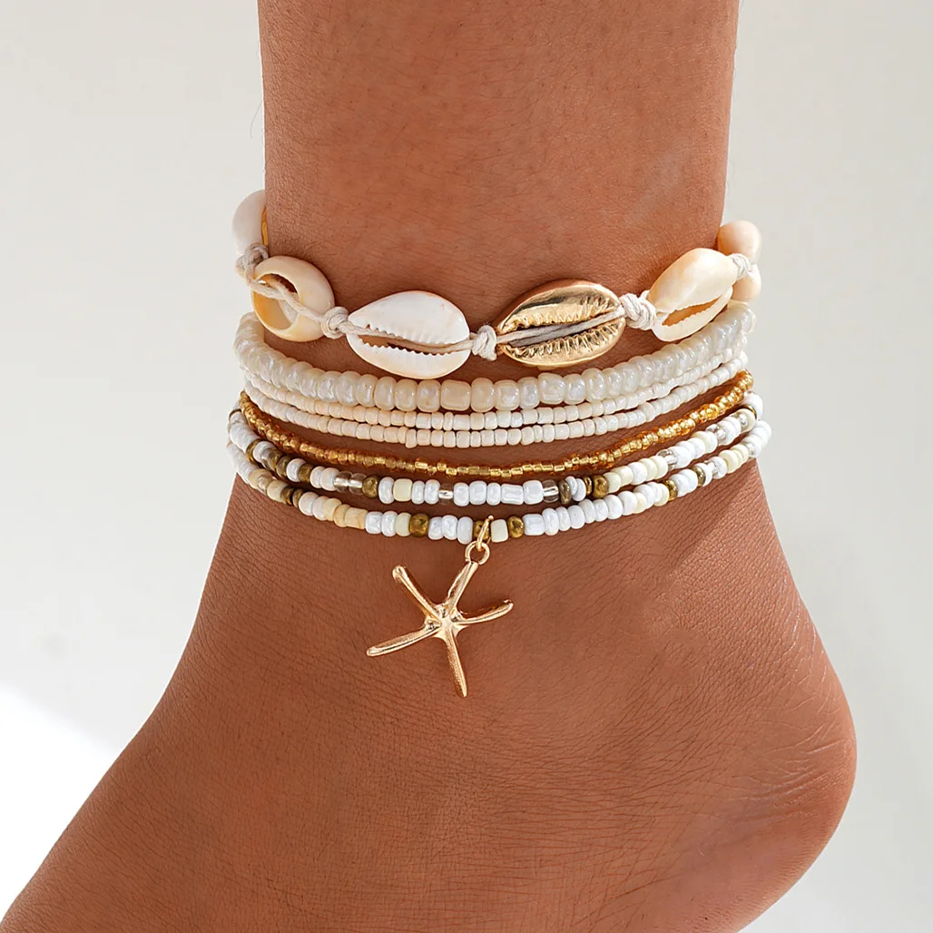 

New Fashion Bohemian Beach Vacation Style Rice Bead Shell Starfish Multi-layer Anklet