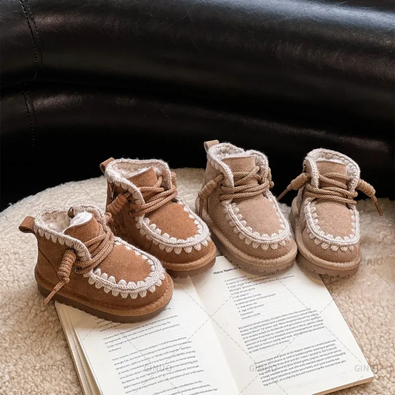 Bottes de neige en cuir de vachette véritable pour enfants, chaussures en coton doux et chaud pour bébé, bottes en daim avec peluche pour garçons et filles, botte de princesse rétro, hiver