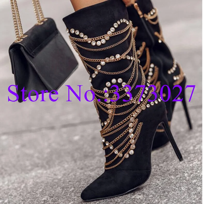 New Design Chains Crystal Decor Lady Short Boots Fashion Pointed Toe Stiletto Heel Mid-calf Boots Sexy Woman Banquet Shoes