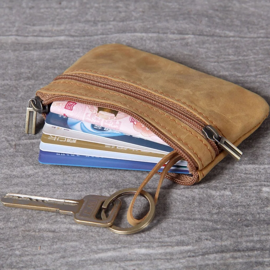 Leder-Geldbörse im Vintage-Stil, Münzgeldbeutel aus echtem Rindsleder, kleiner Kartenhalter, Mini-Reißverschluss-Geldbeutel, Vordertasche für Herren, für den täglichen Gebrauch