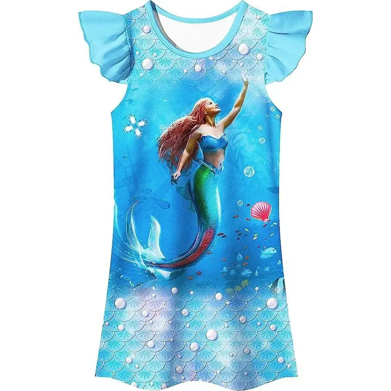فستان حورية البحر للأميرة الخوخية للفتيات تي شيرت مطبوع عليه رسوم كارتونية للأطفال ملابس أطفال كاجوال فستان كامل لأعياد الميلاد