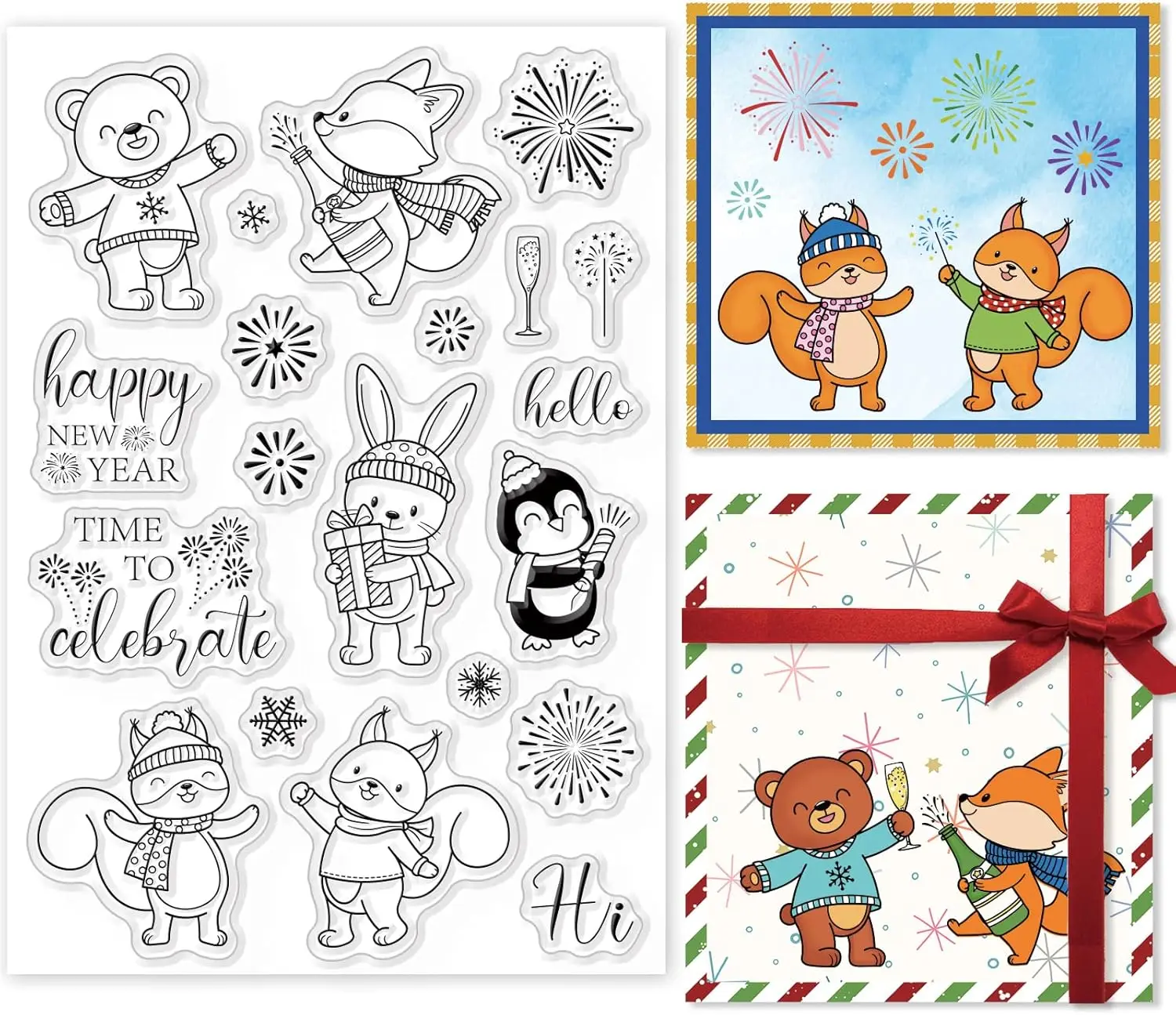 Happy New Year Animals Clear Stamps Bear Rabbit Fox Penguin Silicone Stamps Snowflake Fireworks Rubber Transparent Stamps