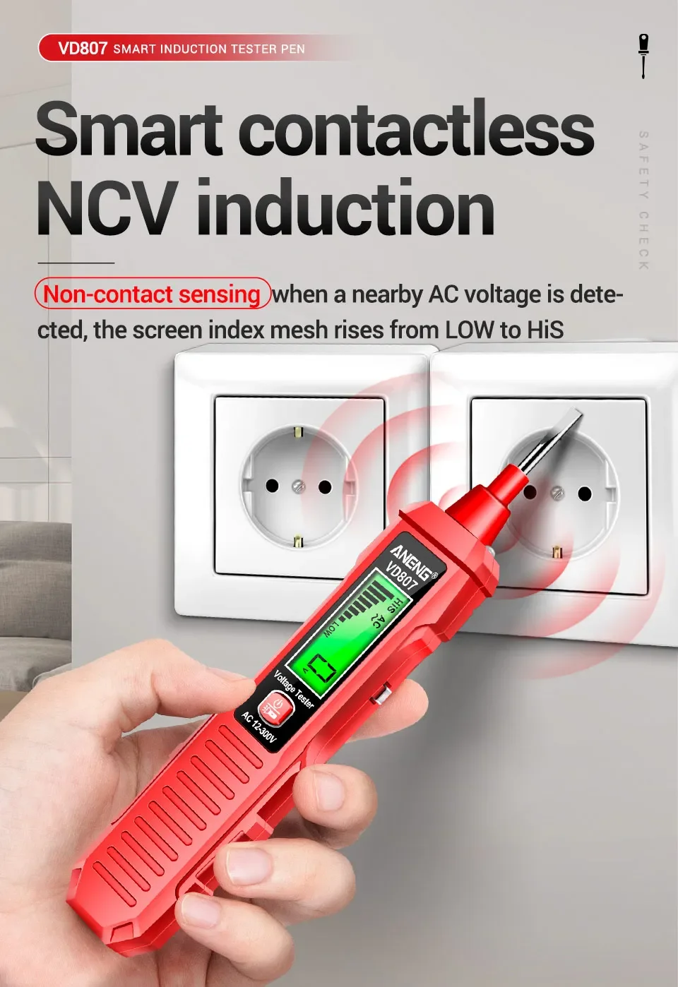ANENG VD807 NCV Spannungsprüfer-Stift 12-300V AC Kontakt- & Berührungsloser Neutralleiter-Detektor LED-Taschenlampe Elektriker-Werkzeug – Detail 9
