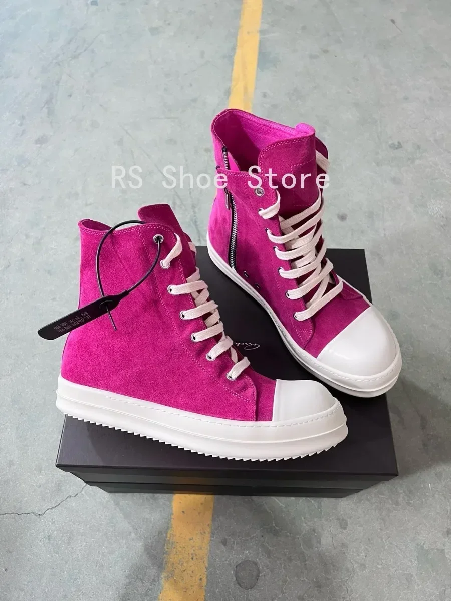 

Ro Men Shoe Rose Pink Suede Boot Outoor High Top Casual Shoe Jumbo Laces Leather Zip Women Sneaker Boot Cowhide Flat Shoe