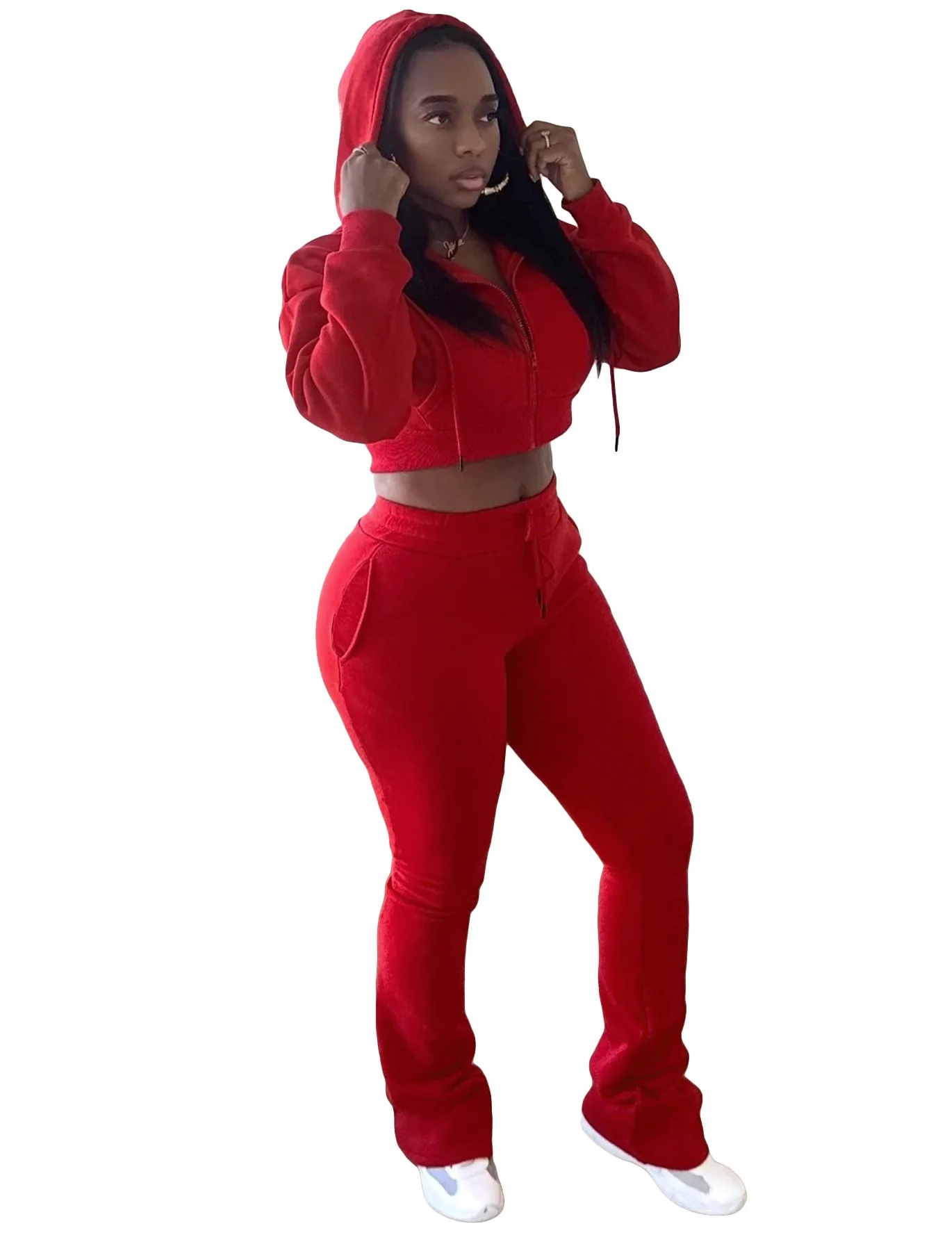 Customized LOGO women's fleece sweater hooded cardigan slim-fit stacked micro-pull pants two-piece set