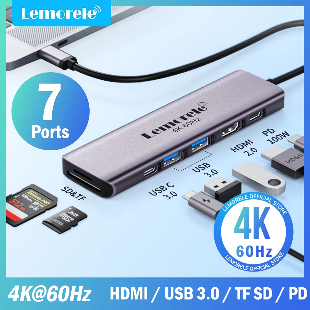 Lemorele 7in1 USB HUB محطة الإرساء USB c Hub HDMI 4K 60Hz USB 3.0 محول PD100W تهمة لماك بوك برو ملحقات الكمبيوتر المحمول