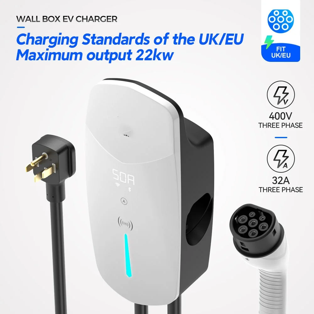 Charging Station IEC-62196 Rfid Card Wifi App Control Type 2 Plug 1 Phase Waterproof 22KW 32A Screen Evse AC EV Charger Wallbox