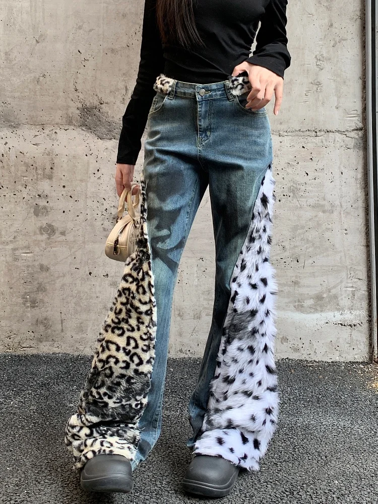

2024 Ropa Y2K Grunge Leopard Patchwork Hotsweet Slim Flare Jeans Pants For Women Clothing Streetwear Hip Hop Lady Denim Trousers