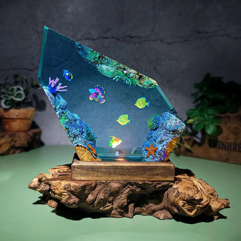 Ocean Aquarium Organism Resin Table Light Creactive Art Decoration Tropical Fish Coral Theme Night Light  USB Charge
