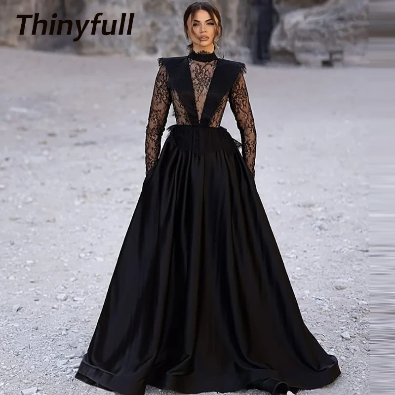 

Тонкие атласные/кружевные арабские платья для выпускного вечера трапециевидной формы с высоким воротом и длинными рукавами, вечернее платье, длинное вечернее платье по индивидуальному заказу ﻿