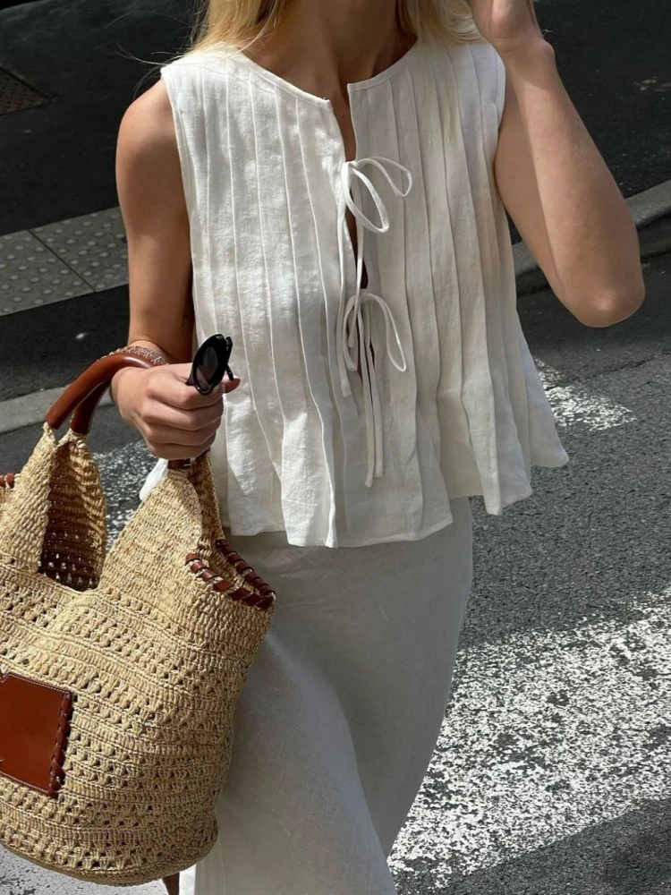 Elegant White Linen Cotton Pleated Lace-up Women Tops Tanks 2024 Summer New O-neck Sleeveless Ruffles Women Shirts Streetwear