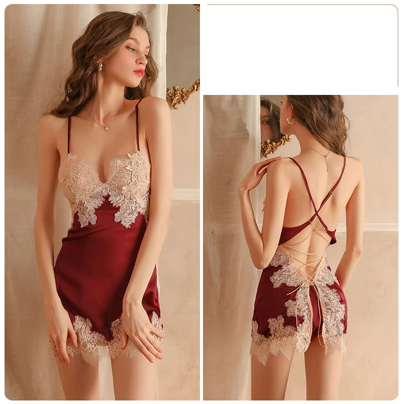 Women Pajamas Set Sexy Lace Sleepwear Lace Lingerie Sleeveless V-Neck Babydoll Pajamas Lingerie Sexy Shorts Dress Girl Nightwear