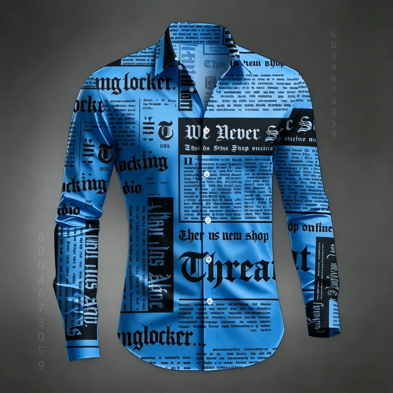 Men's Shirt Long Sleeved Shirt Newspaper Letter Print Retro Casual Single Breasted Shirt Street Style Trendy Men's Top image 4