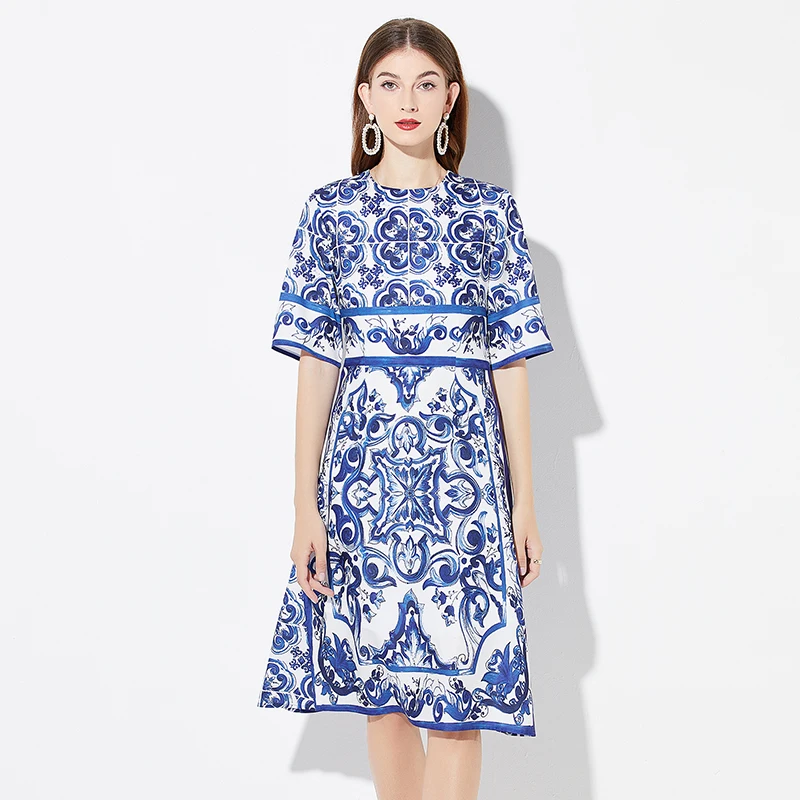 Real Shot Majorica Printed Positioning round Neck Slim High Waist Dress Slim Mid-Sleeve A- line Skirt