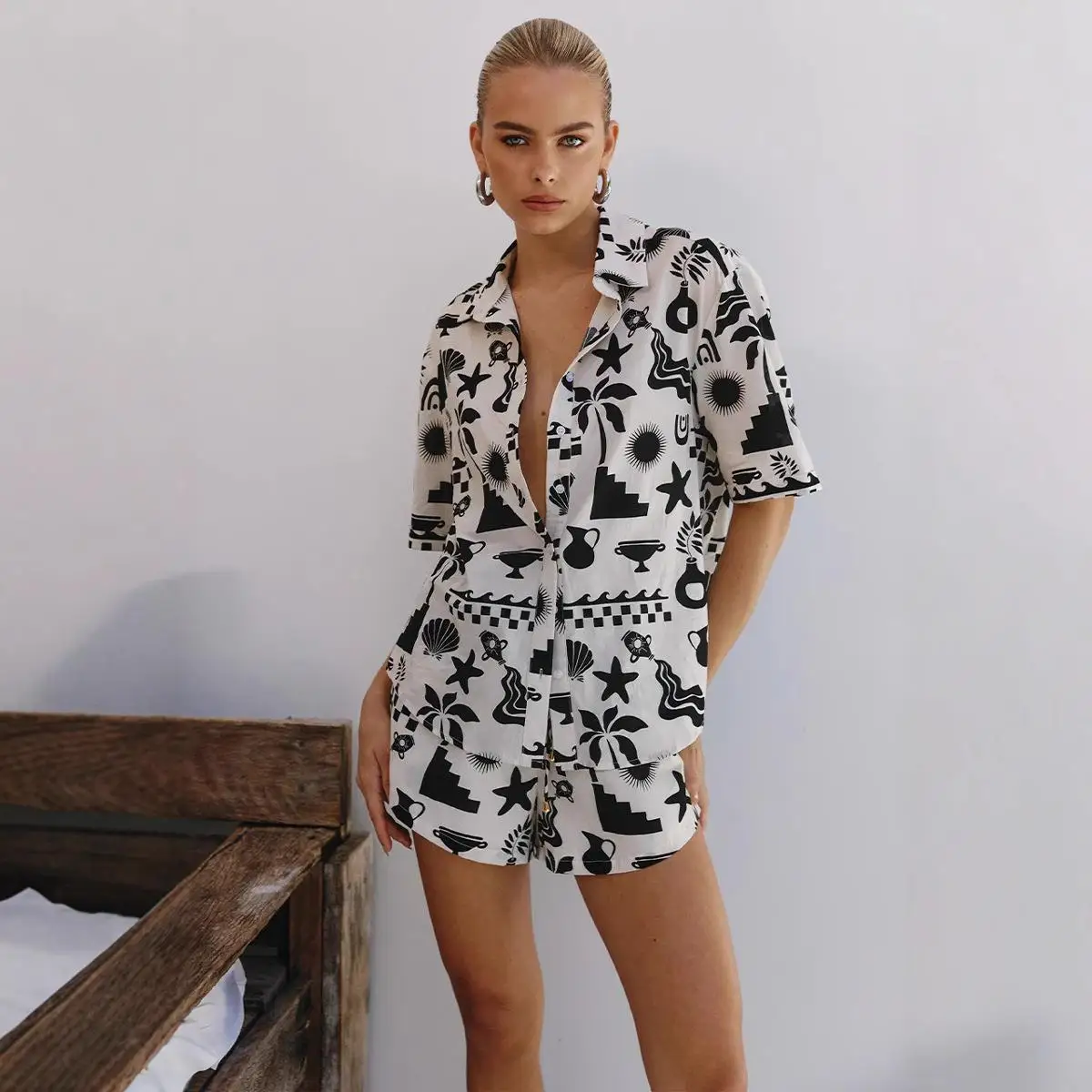 Feminino impresso irt orts conjunto primavera verão faion terno de duas peças briti sle t-quarto sve roupas adultas