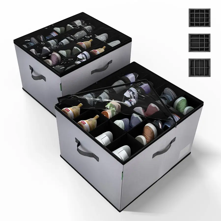 

Набор из 2 органайзеров для обуви в шкаф, складной тканевый контейнер для хранения обуви с регулируемыми разделителями и прозрачной пылезащитной крышкой, большой размер