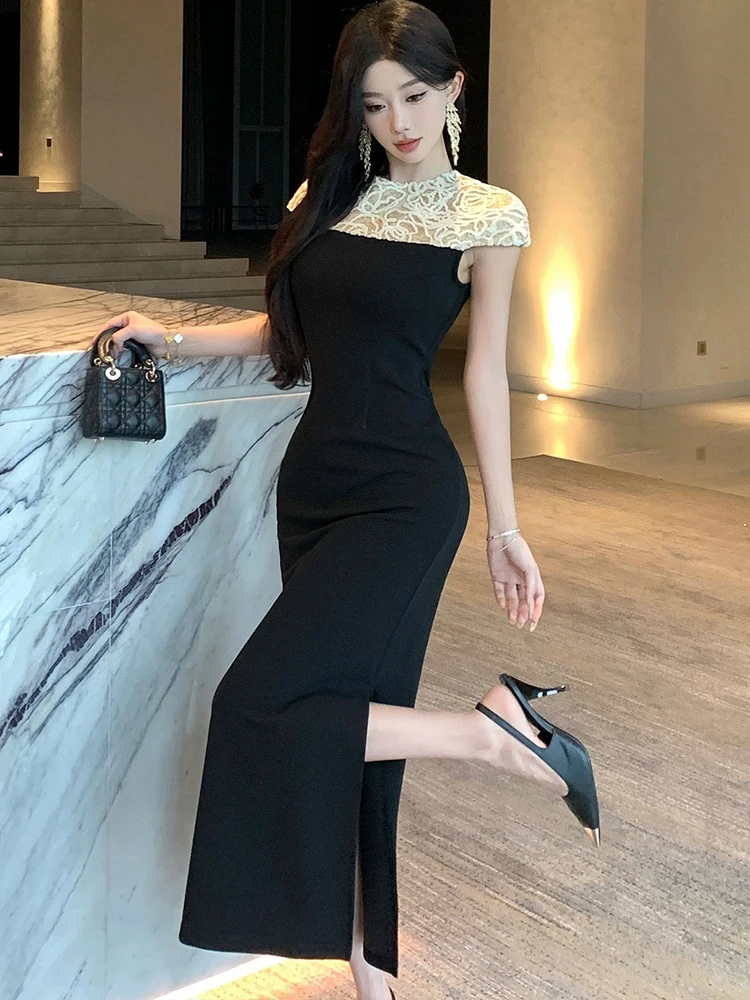 2025 preto retalhos branco jacquard lantejoulas vestido longo feminino coreano vintage vestido de uma peça verão elegante bodycon vestido de noite