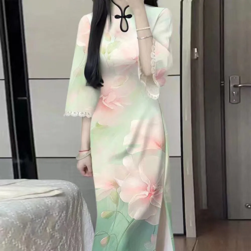 

‌ Китайское винтажное платье Cheongsam — свободный крой с семью рукавами, элегантное традиционное платье для женщин