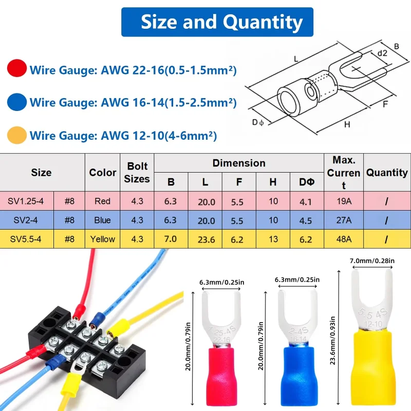 Insulated Fork-Shaped Wire Connectors, Screw M4 Stud Size U-Type Cable Quick Connector Crimp Terminal Kit