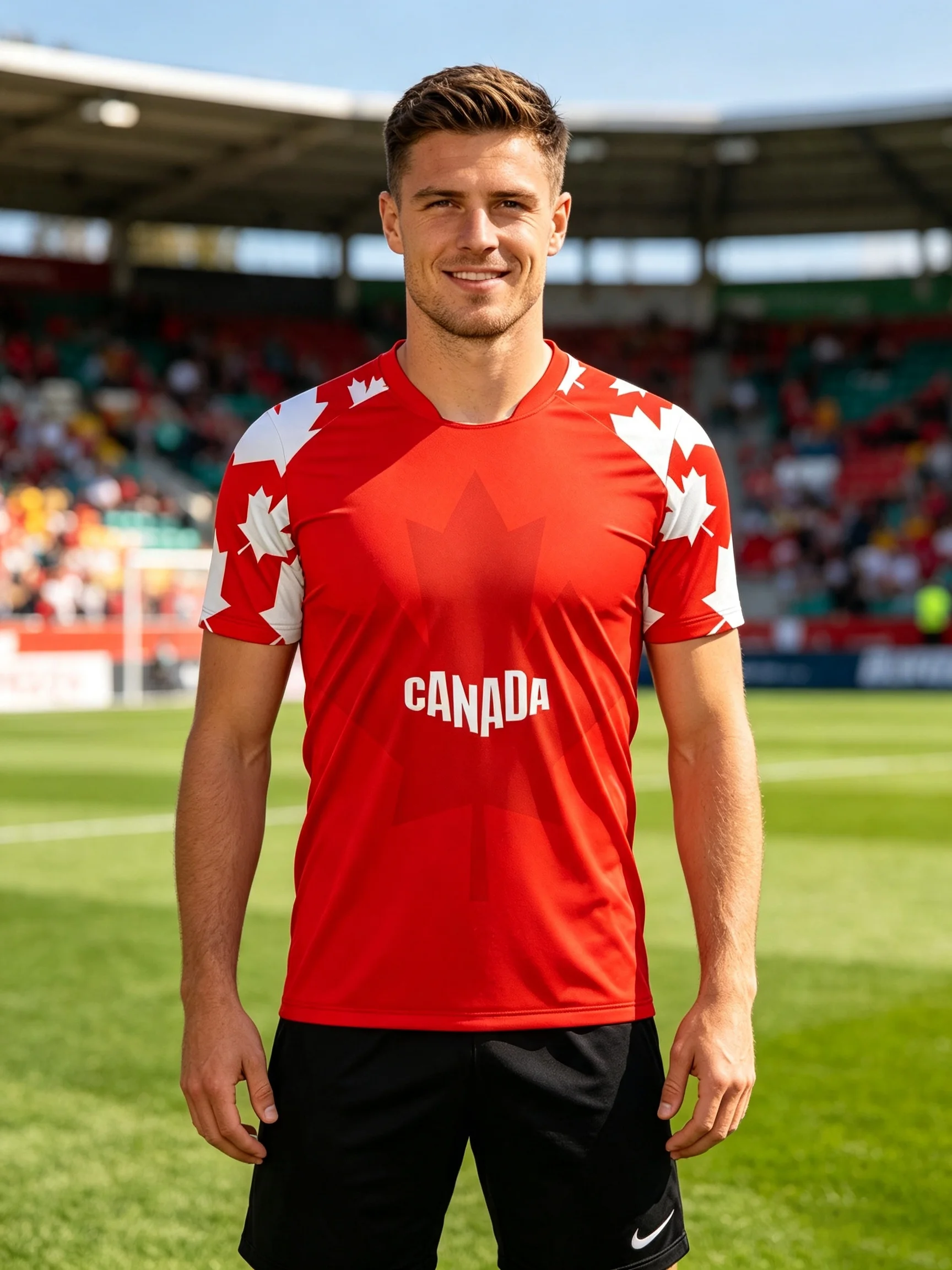 Vibrant red short‑sleeve football jersey with bold CANADA chest print, lightweight comfy for matches and casual street wear