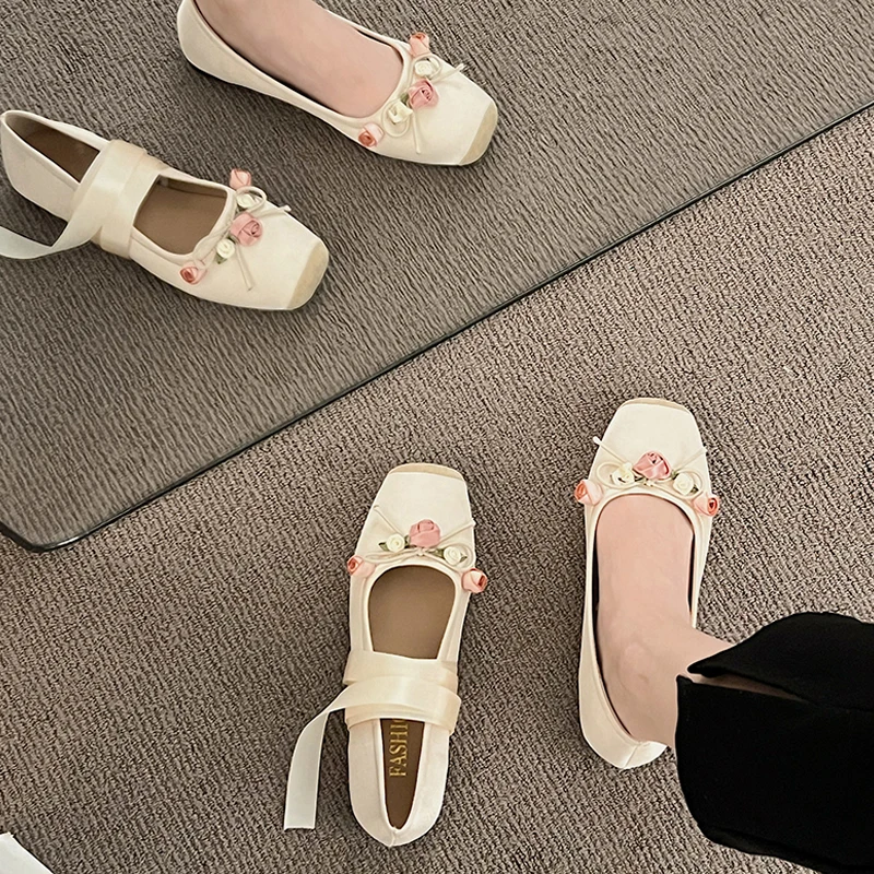 Luxury  Lace Tie Leg Satin Silk Ballet Flats Woman Square Toe Bowknot Elastic Band Ballerinas Ladies Wedding  Floral Shoes