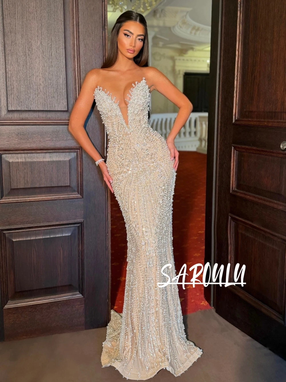 Exquisite Beaded Pearls Evening Dress Sparkly Sexy V Neck Mermaid Prom Gown Customized Fashionable Banquet Party Wedding Guest