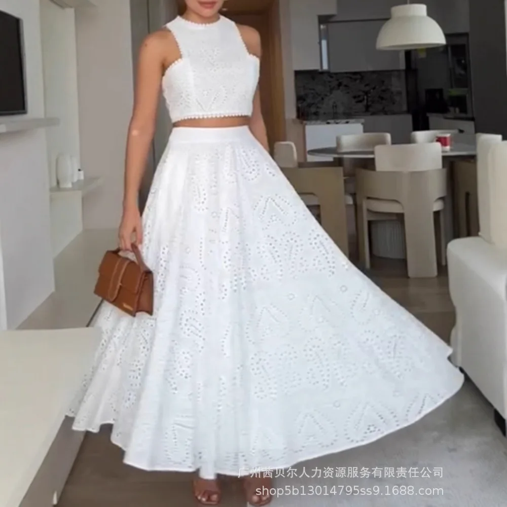 

Женский модный комплект из двух предметов, кружевной укороченный топ без рукавов с вырезами и повседневная юбка трапециевидной формы с высокой талией