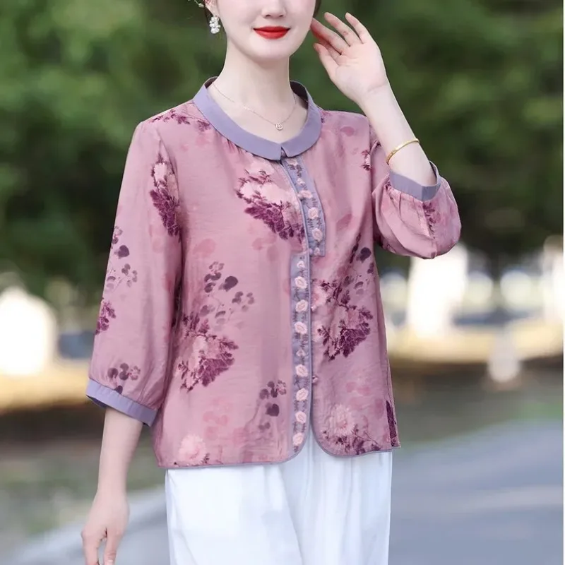 

Women's Vintage Floral Print Linen Blouse Peter Pan Collar 3/4 Sleeve Button Down Casual Shirt for Middle Aged
