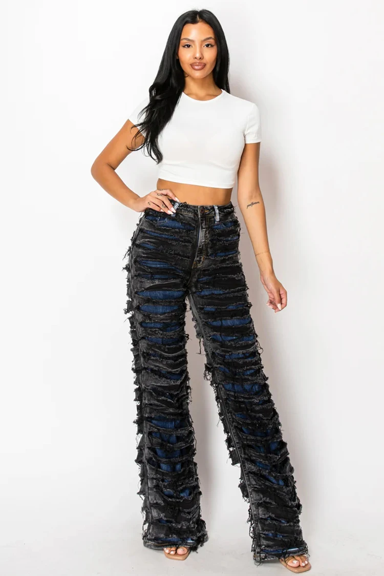 2024 new women's double-layer perforated denim pants high waisted brushed fringe street straight leg pants trousers