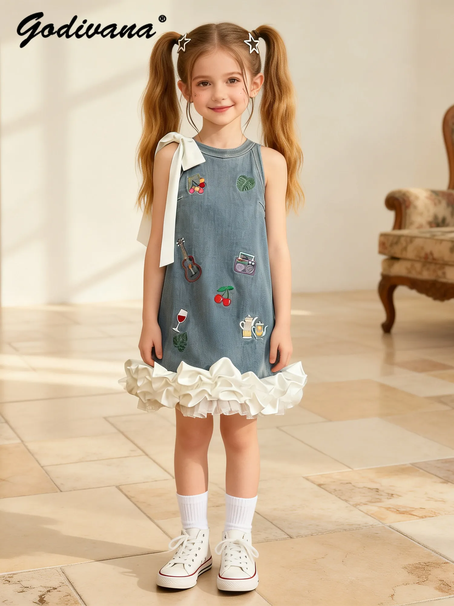 

Little Girls 2026 Summer New Cartoon Embroidered Denim Tank Dress Kids French Fashion Lace Trim Sleeveless Casual Tulip Dress