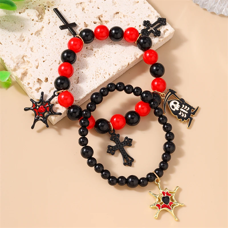 2 Stück/Set, modisches, handgefertigtes Armband mit Perlen für Damen, Halloween-Spinnen- und Kreuzanhänger, Armbänder für Mädchen, Party- und Festivalschmuck, Geschenk. – Detail 2