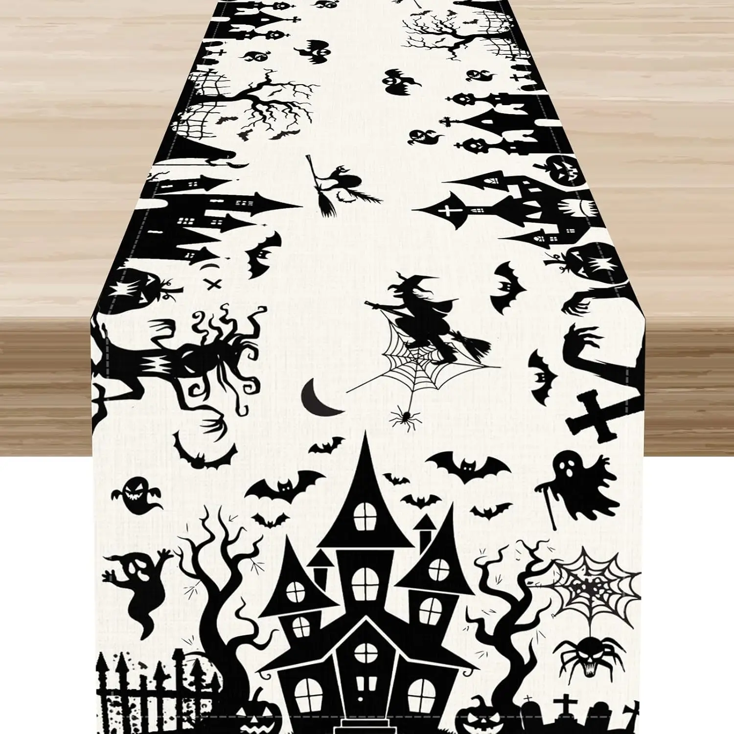 Halloween Haunted House Witchy Bats Spider Web Linen Table Runner Party Decor Reusable Kitchen Dining Table Runner Party Decor