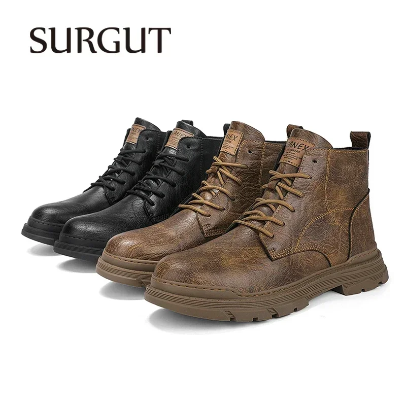 SURGUT New Men Boots Comfortable Spring Autumn Warm Waterproof Fashion Ankle Boots Casual Men Leather Working Boots Men