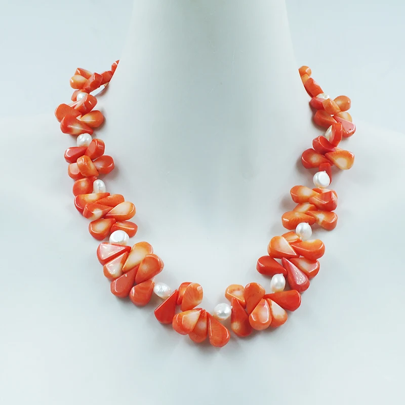 Very exquisite. Natural orange sea bamboo coral/pearl necklace. Charming Women's Birthday Jewelry 46CM