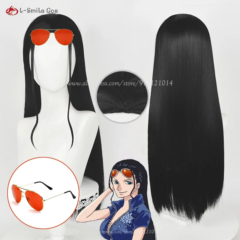 65cm długości Nico Robin Cosplay czarna peruka Miss Allsunday peruka Nico peruki okulary odporne na ciepło włosy kobiety impreza Anime peruki + czapka z peruką