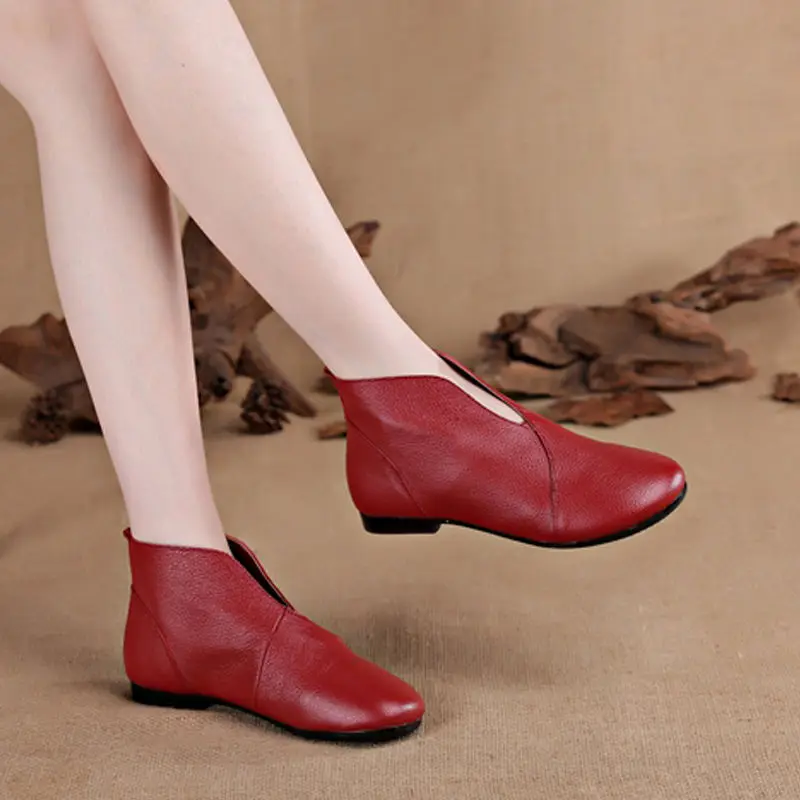 V Neck Concise Monk Shoes Women\'s Genuine Leather Ankle Boots Ladies Designer Red Booties Woman Slip On Chelsea Boot Autumn Fall