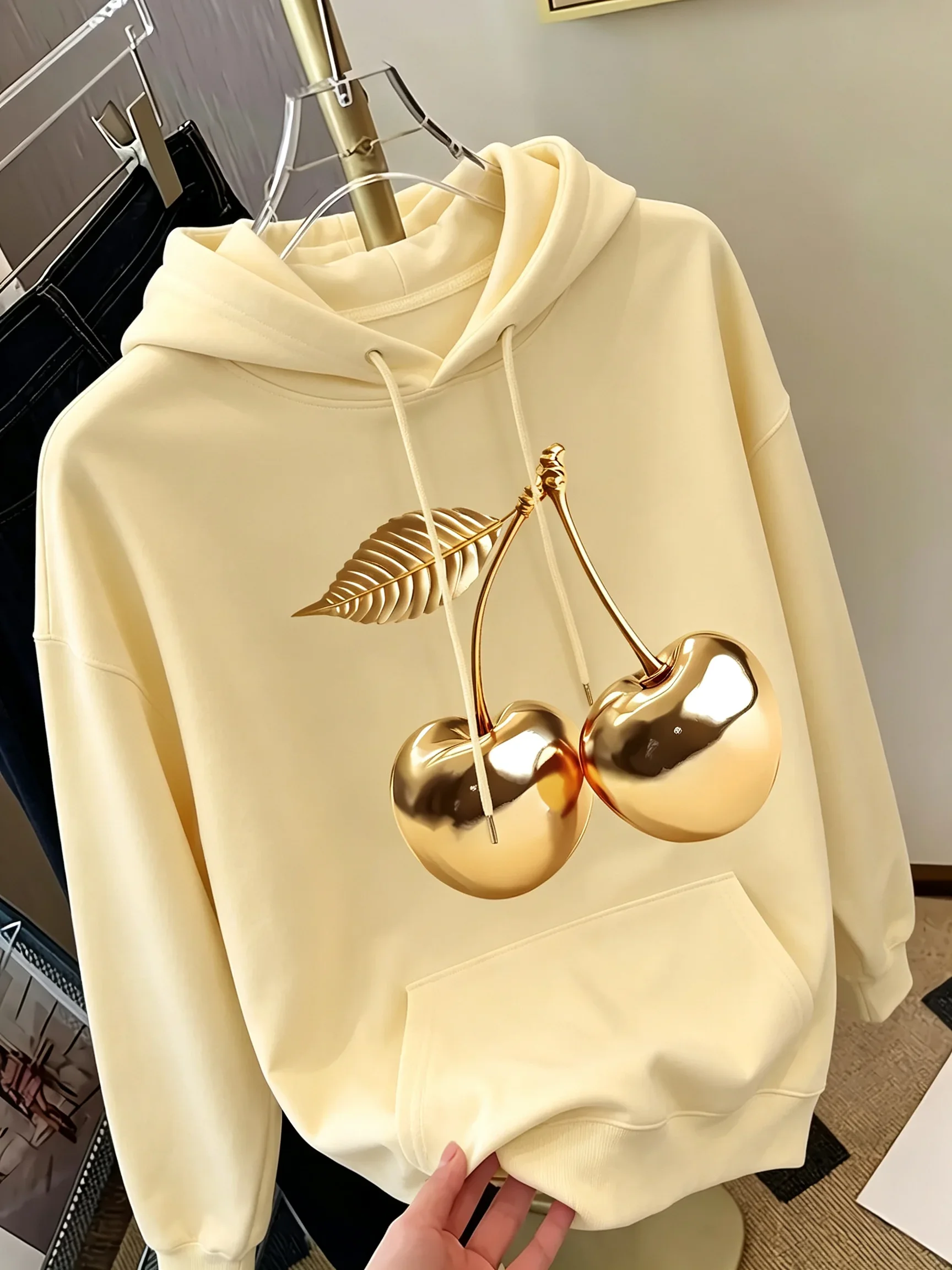 26 Golden cherry printed women's hoodie - fashionable casual top with elegant style. Multi-purpose and simple design for women