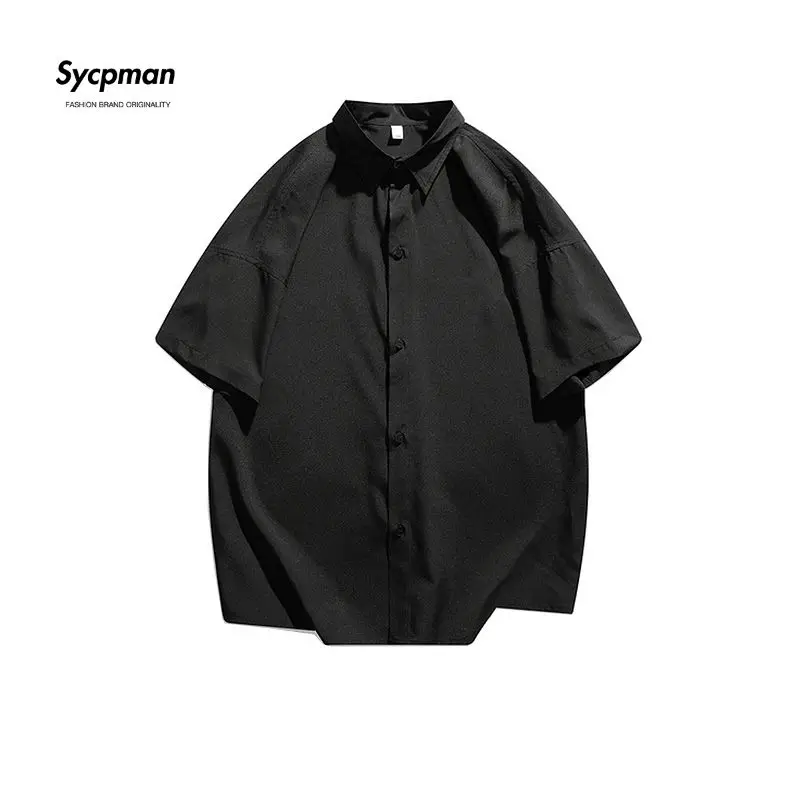 Sycpman Japanese Street Solid Color Summer Short Sleeved Shirt for Men and Women Loose Casual Shirts