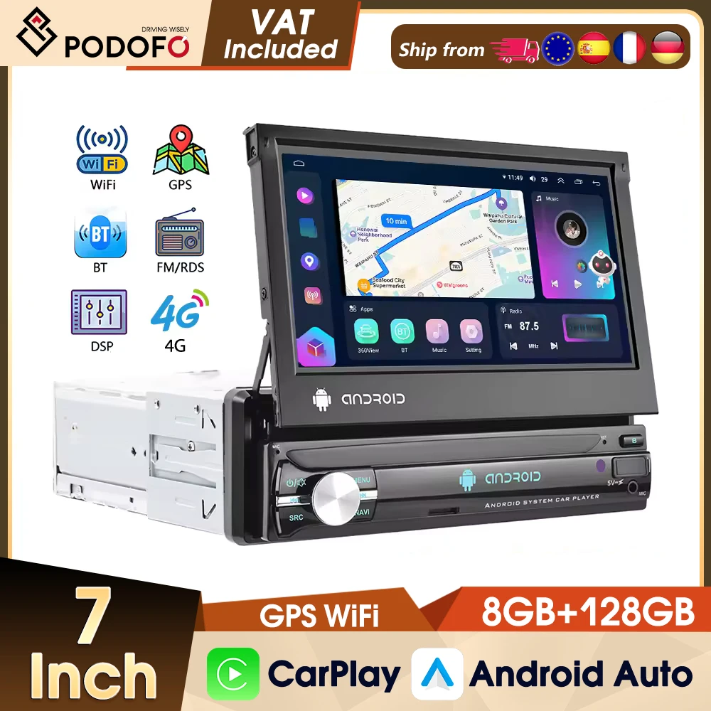 Podofo 1Din 8+128G Autoradio Carplay Android Auto GPS-Navigation WLAN 4G Ausziehbarer Bildschirm Auto-Multimediaplayer FM/AM/RDS DVR
