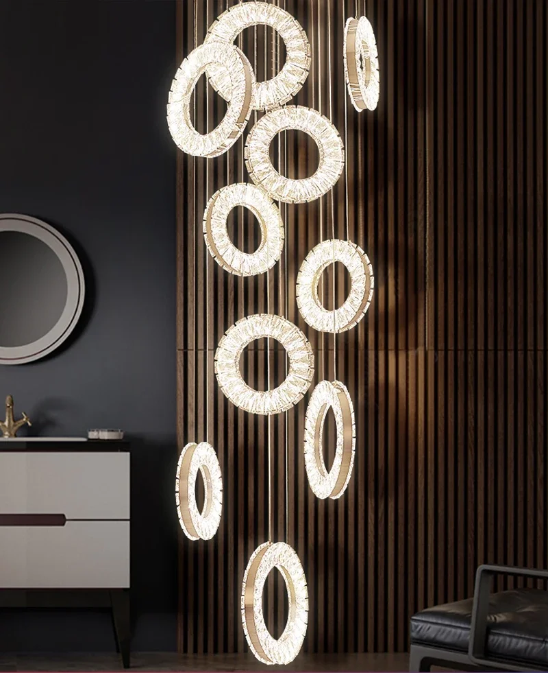 Luxury Modern LED Chandelier Crystal Light Fixture for Living Room Long Staircase Ring Large Home Decor Indoor Lighting