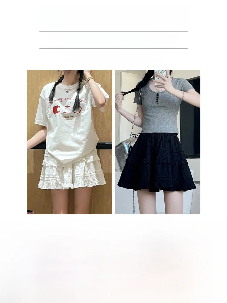 

White Lace A-Line Skirt with Wood ain for Women High Waist Cake Sle ort Skirt Korean Sle Polyester Fiber