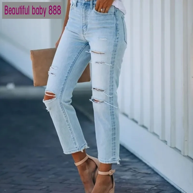 New women Ripped mom jeans Faded high-waist jeans five-pocket design front ripped detailing zip fly metal top button fastening