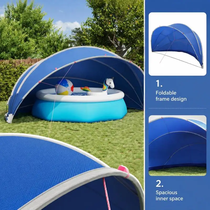 Dôme de piscine vert 546×516×250 cm en polyester 185T enduit PU anti-UV et imperméable. Poteaux pliables en fibre de verre, livrés avec cordes, piquets et sac de transport, retiennent la chaleur et bloquent les saletés pour une utilisation extérieure dans le jardin.