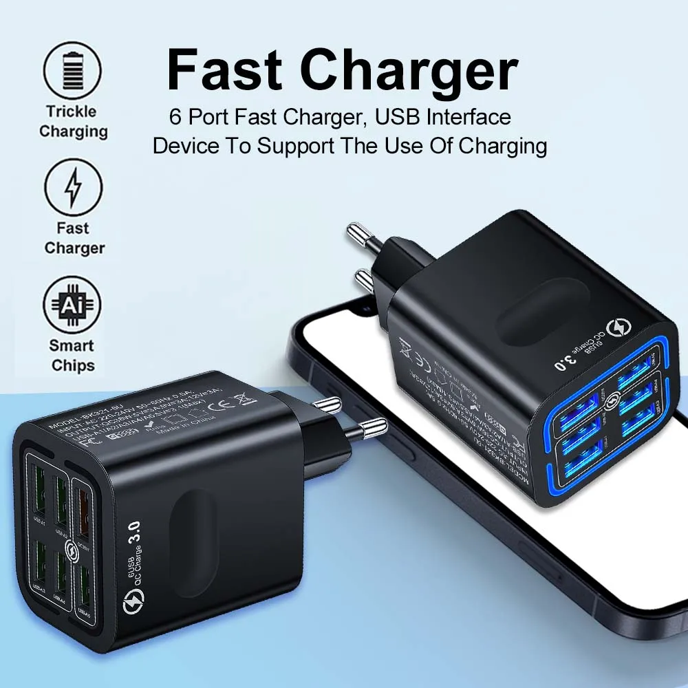 Insgesamt 100 W 6 Ports USB Ladegerät Schnellladung für iPhone 14 Samsung Xiaomi Handy Adapter EU US UK Stecker – Detail 7