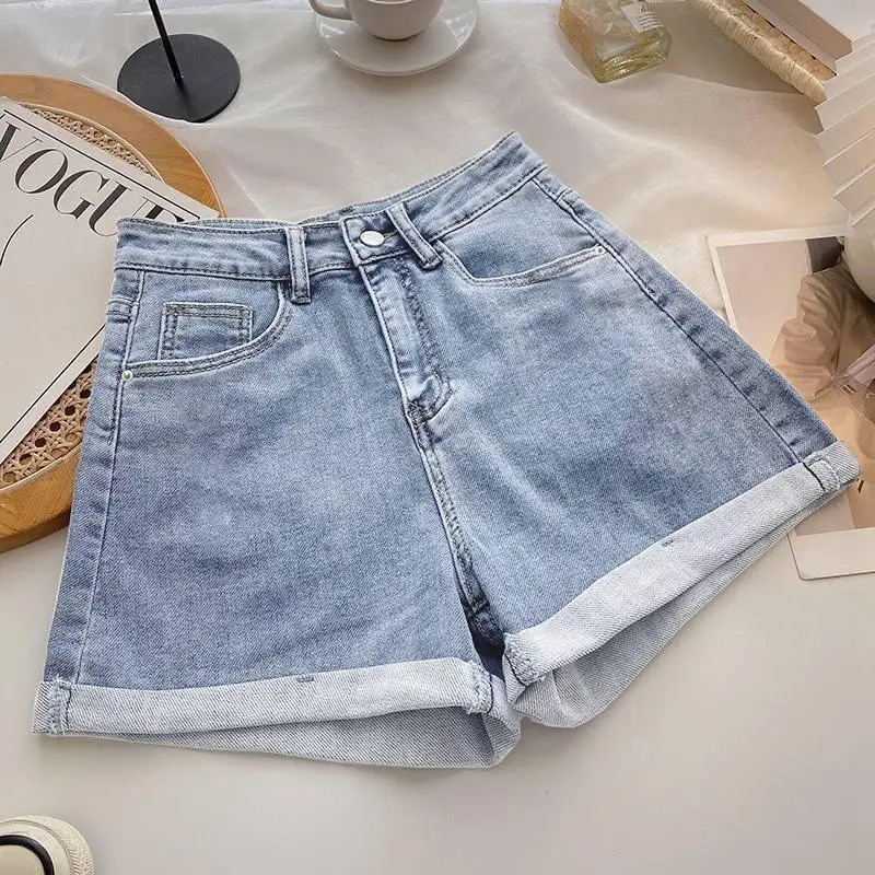 Summer  Women's High Waist A-Line Wide Leg Jeans Shorts Thin Folded Hem Slimming Hot Pants Commute Style No Brand
