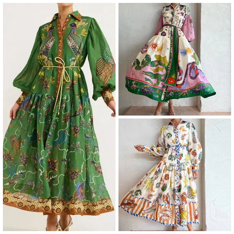 Robe à col floral pour femmes 2026, robe à manches bouffantes et taille smockée, robe mi-longue fluide en A pour le printemps